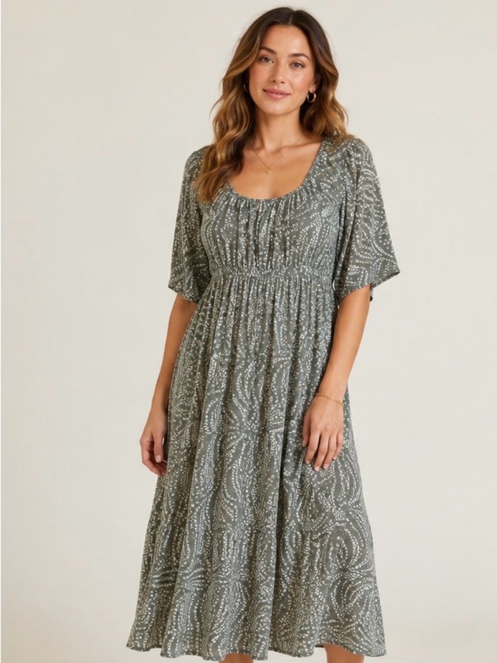 Pact Sage Green M Floral Print Midi Dress Tie Detail Cotton Blend Cottagecore